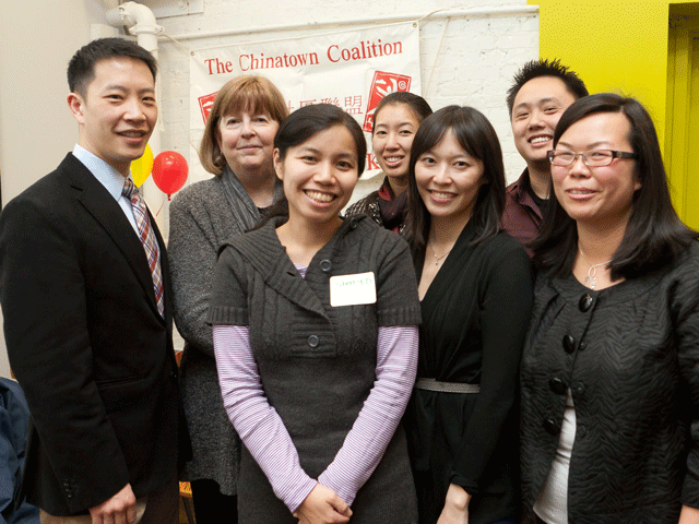 (Left to right, front row): Current TCC executive staff: Sherry Dong, Janelle Chan, Elaine Ng. (Second row): Enoch Liao, Barbara Rubel, Vivien Wu, Mark Liu. (Image courtesy of Kye Liang and The Chinatown Coalition.)