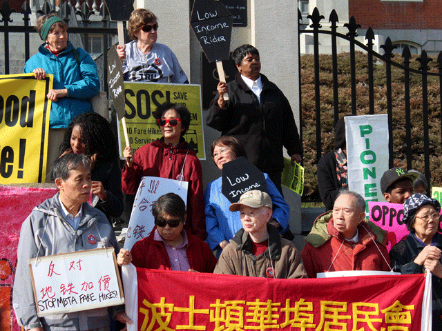 Chinatown seniors protested proposed T fare increases on April 10 at the Statehouse. (Image by Ling-Mei Wong.)